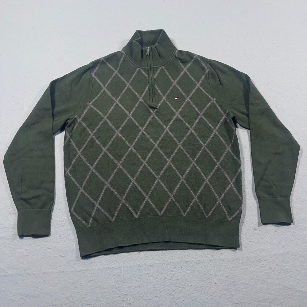 Tommy Hilfiger Sweater Men XL Argyle Quarter Zip Olive Green Pima Cotton Vintage